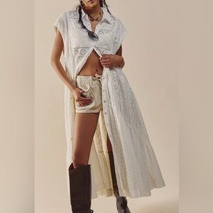 Free People Cream Eyelet Midi Dress Tiered Dropped Armholes Sz XS Festival Boho